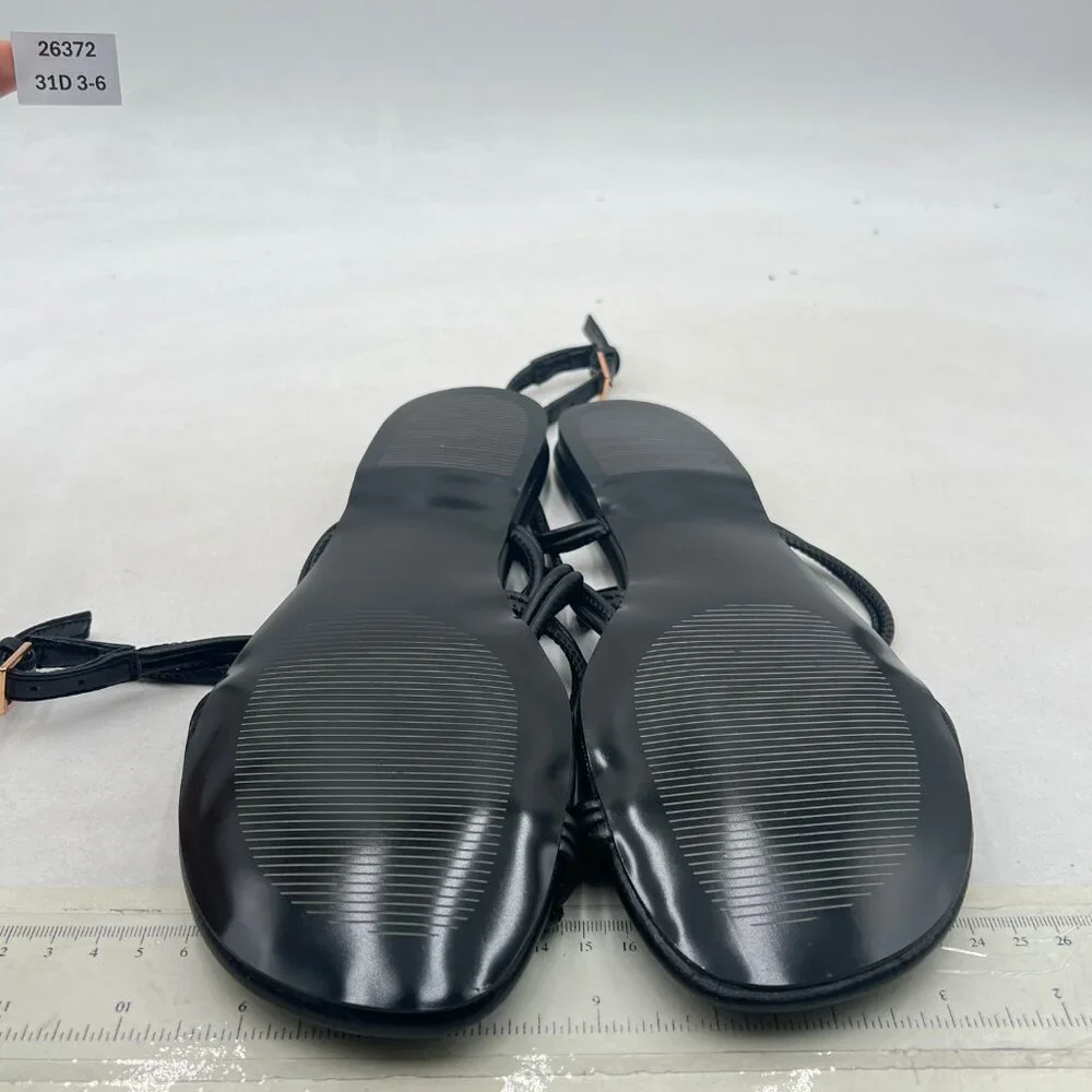 miss left Black Beaded Flat Sandals for Women Ankle Strap Open Toe Slide Sandals